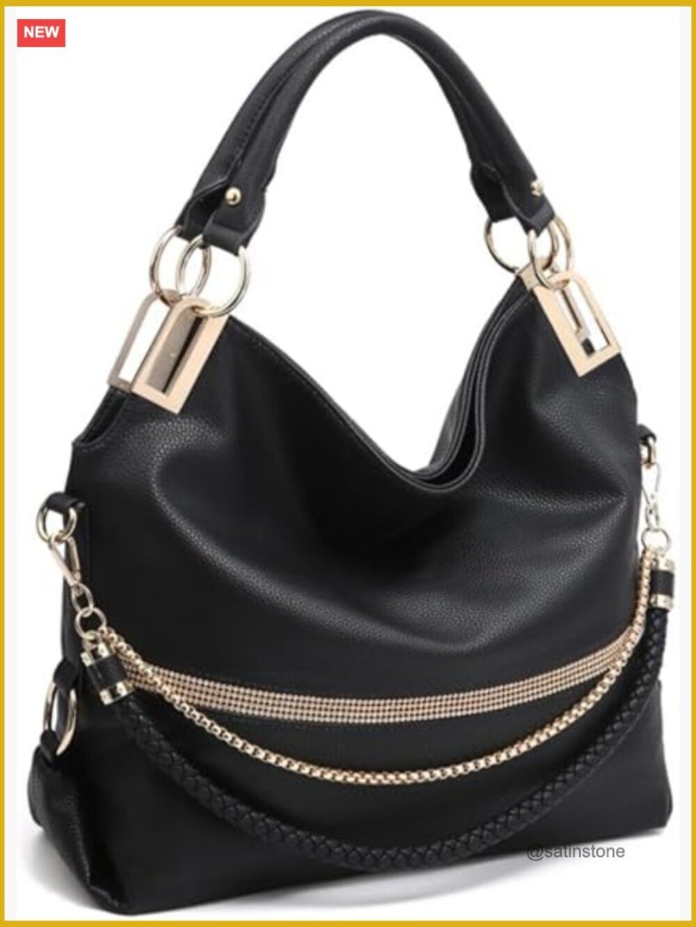 Large Hobo Bag with Rhinestone Accents Vegan Leather Tote Purse